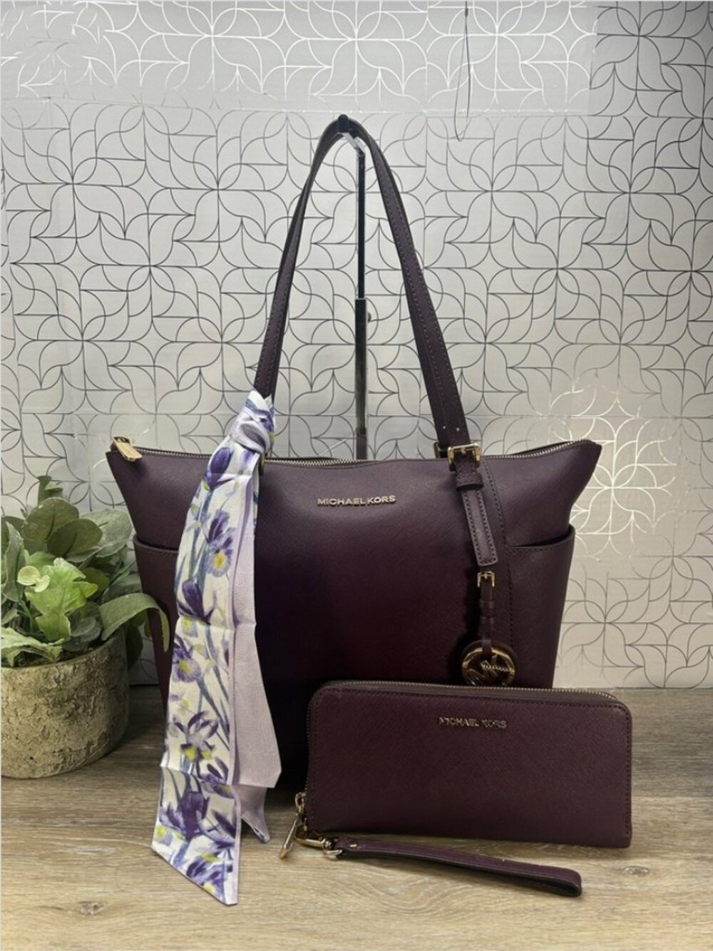 Michael Kors Charlotte Plum Saffiano Leather Tote with Wallet Set